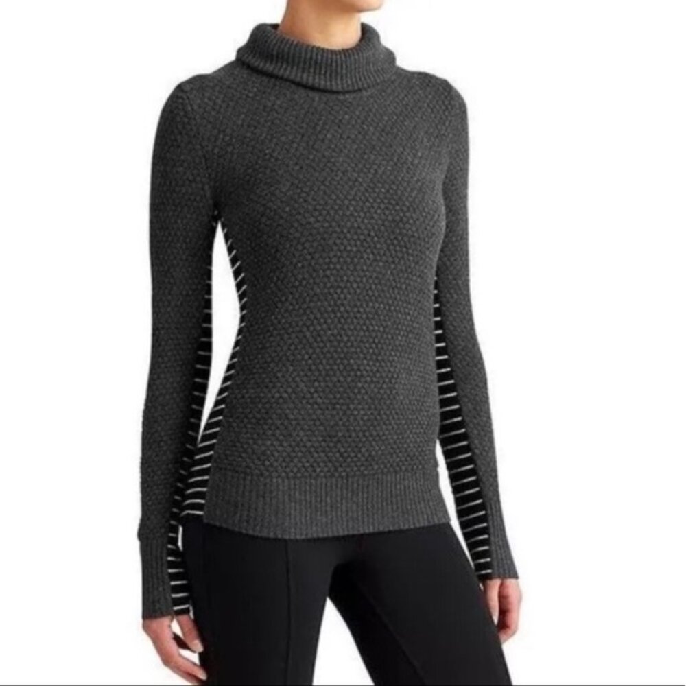 Athleta Merino Wool Turtleneck Sweater XXS Side Striped Textured Charcoal‎ Gray